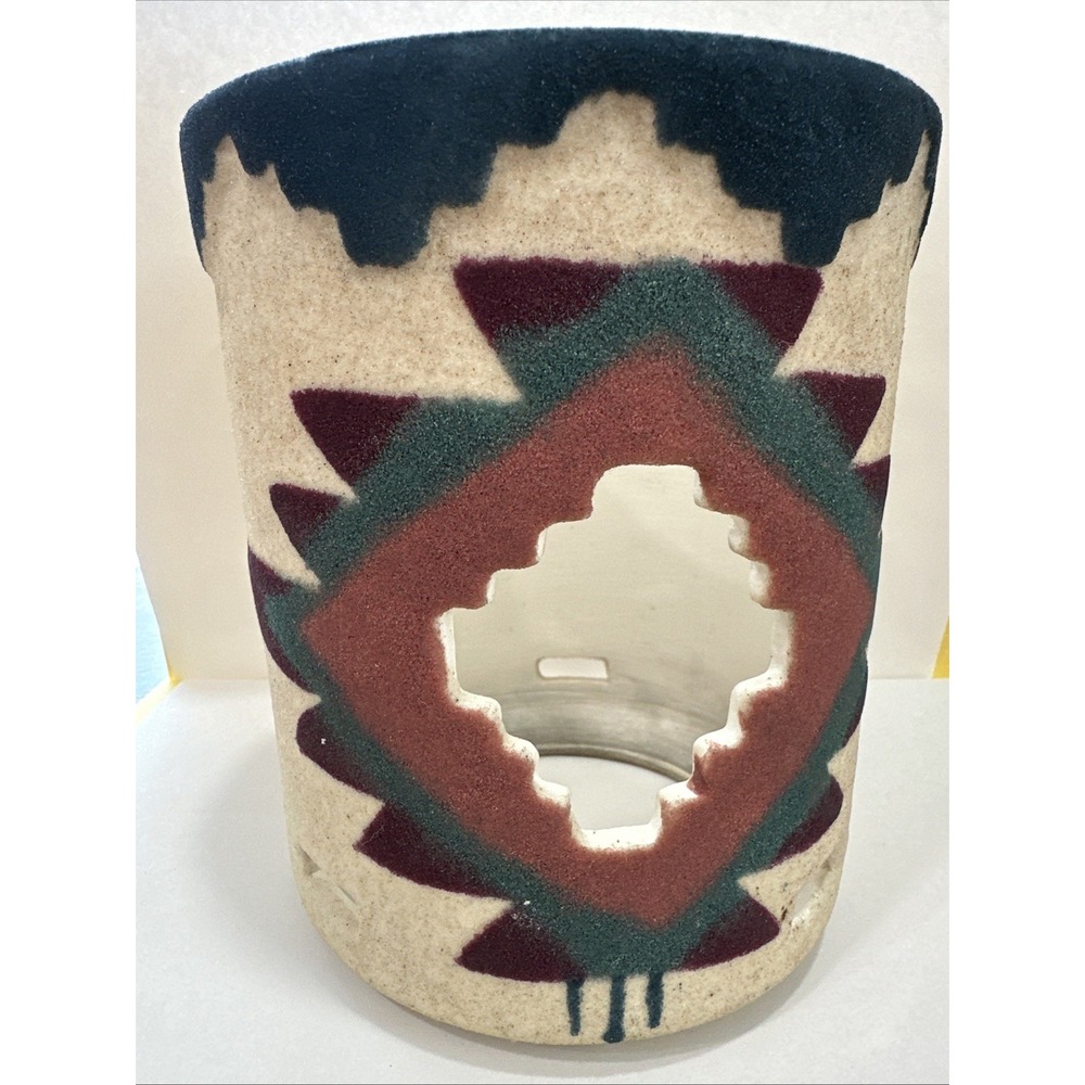 Vintage Southwestern Art Pottery Luminary Candle Holder Geometric Cutout Desert